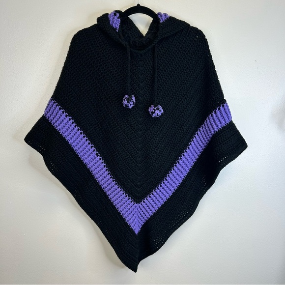 Goth Witchy Fairygoth Black Purple Crotchet Knit Handmade Hooded Poncho Sweater - Picture 3 of 10